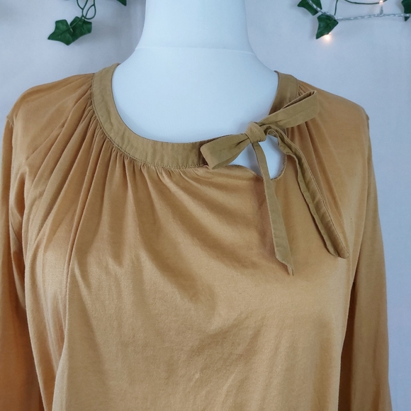COS Mustard Yellow Side Tie Neck 3/4 Sleeve Relaxed Top Size M 100% Cotton Light - Picture 2 of 10